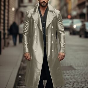 Long Trench Coat Male Double-breasted Leather Jacket