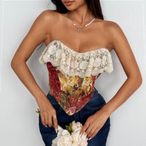 Retro Jacquard Oil Painting Patchwork Lace Sexy French-style Fishbone Vest
