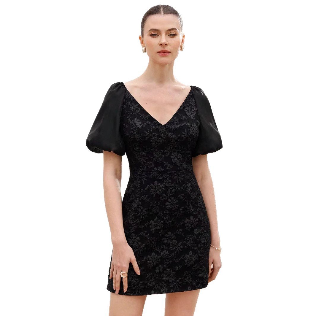 Retro Waist-Cinching Lace-Up Patchwork Pleated-Sleeve Dress - Image 5