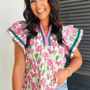 Women's European And American-style Fashionable Printed V-neck Short-sleeve Top