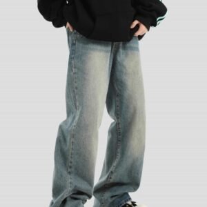 Worn Looking Washed-out Blue Jeans Loose Straight Trousers