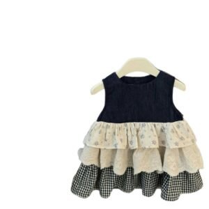 Sleeveless Vest Plaid Stitching Denim Skirt Bandage Dress Cake Dress