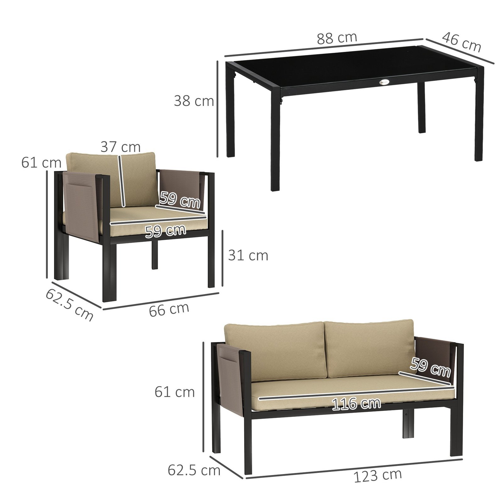 4 Piece Metal Garden Furniture Set With Tempered Glass Coffee Table, Texteline Pocket, Outdoor Set Loveseat Single Armchairs With Padded Cushions, Khaki - Image 3
