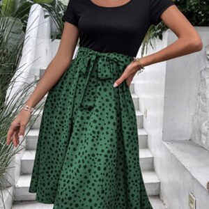 Womens Patchwork Crew-Neck Polka-Dot Short-Sleeve Dress