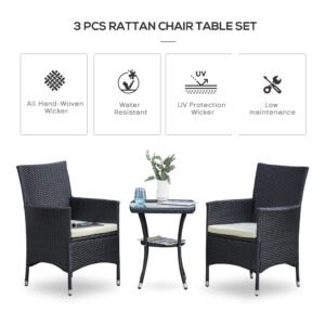 3 Pieces Rattan Bistro Set, Wicker Garden Furniture Set With 2-Tier Coffee Table And Chairs, Cushions, For Outdoor Patio Balcony, Black