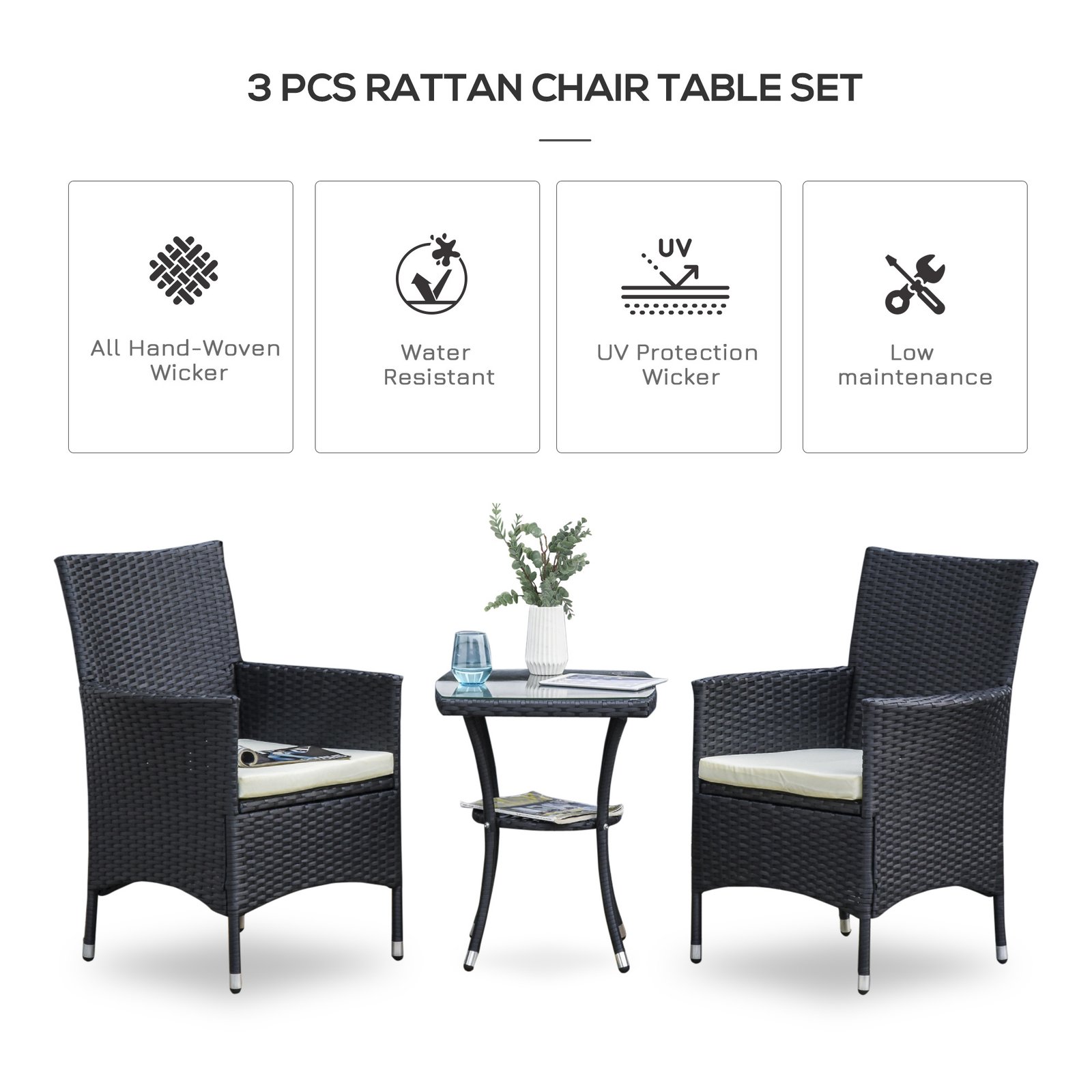 3 Pieces Rattan Bistro Set, Wicker Garden Furniture Set With 2-Tier Coffee Table And Chairs, Cushions, For Outdoor Patio Balcony, Black - Image 4