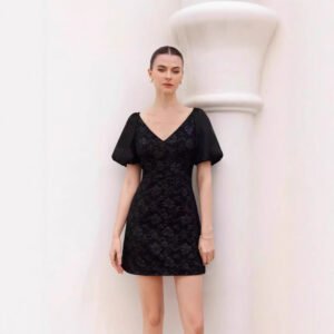 Retro Waist-Cinching Lace-Up Patchwork Pleated-Sleeve Dress