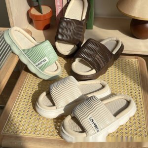 Four Seasons Linen Slippers Women's Thick Bottom Wave Pattern Home Non-slip Breathable Sweat Absorbing