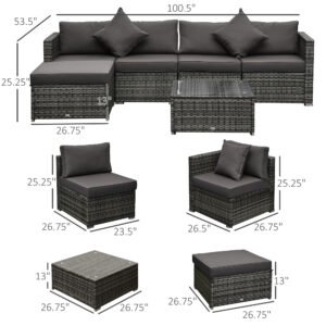 6 Piece Patio Furniture Set Outdoor Wicker Conversation Set All Weather PE Rattan Sectional Sofa Set with Ottoman, Cushions and Tempered Glass Table, Mixed Gray and Charcoal