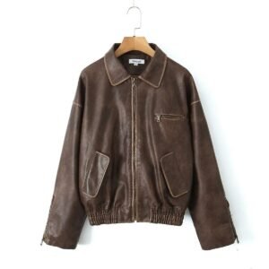 Lapel Long Sleeve Zipper Brushed Leather Coat