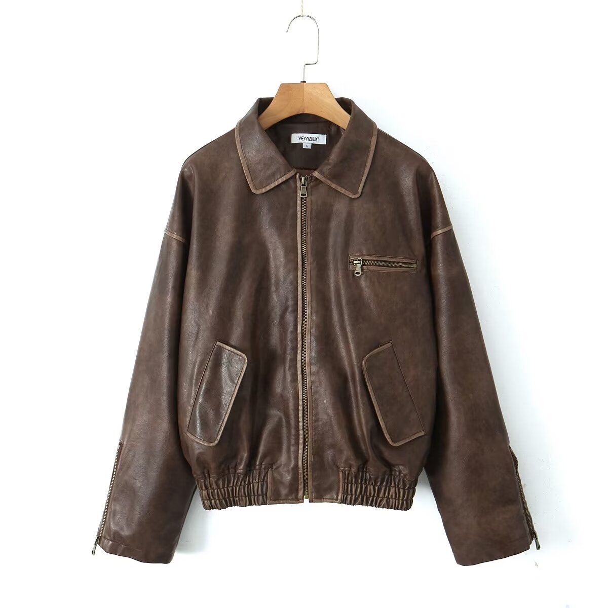 Lapel Long Sleeve Zipper Brushed Leather Coat - Image 5