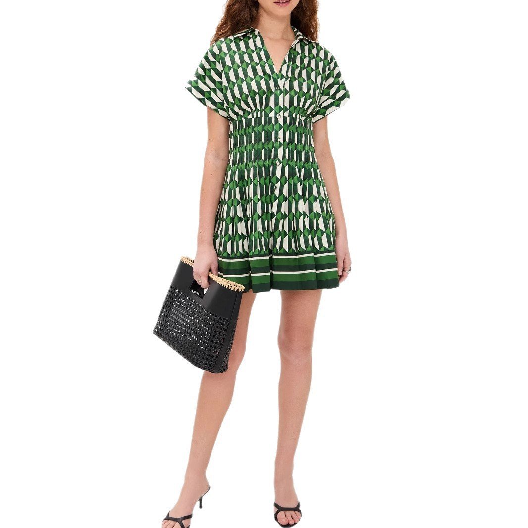 Fitted-waist V-neck Button-front Short-sleeve Dress - Image 5