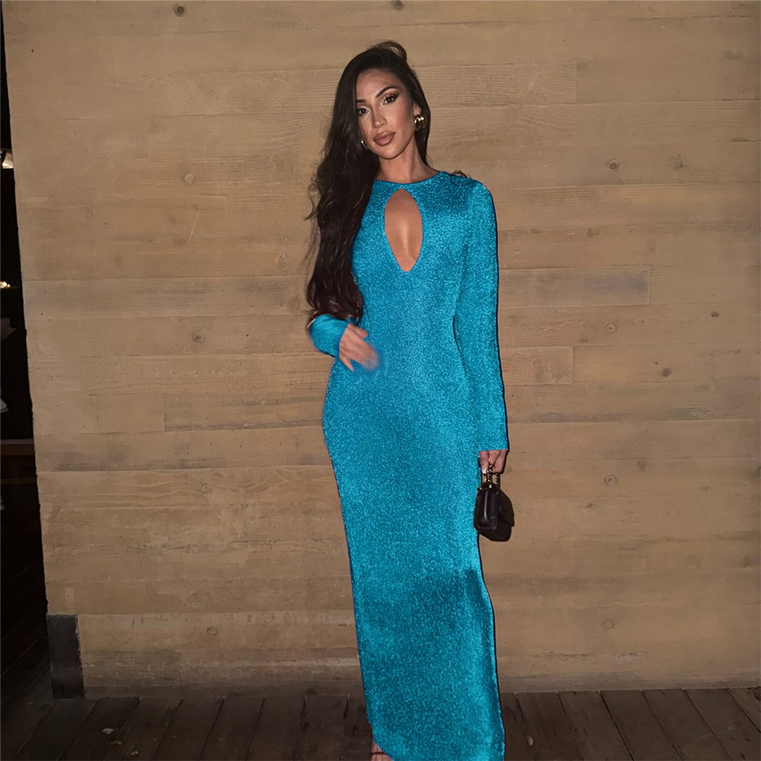 Spring Chic Commuter Gold-Stamped Sexy Hollowed-Out High-Waist Bodycon Sheath Long Dress For Women - Image 2
