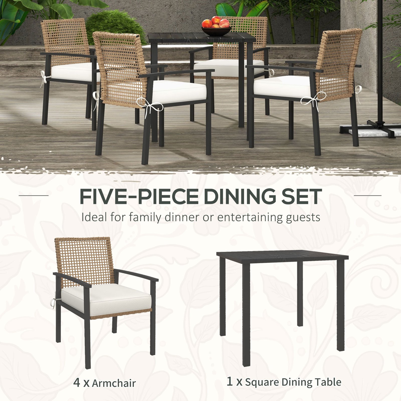 5 Pieces Outdoor Dining Set for 4, Wicker Rattan Patio Furniture Set, Patio Table and Chairs Set with Cushions, Square Metal Table Top, Conversation Set for Garden, Backyard, Deck, Beige - Image 5
