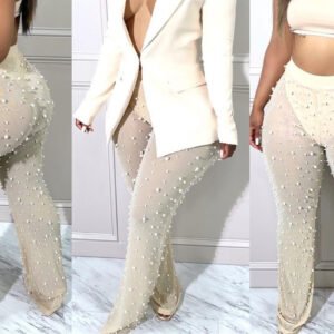 Women's Autumn And Winter Clothing Rubber Mesh Foam Beads Decorative Wide Leg Beaded Trousers With Underpants
