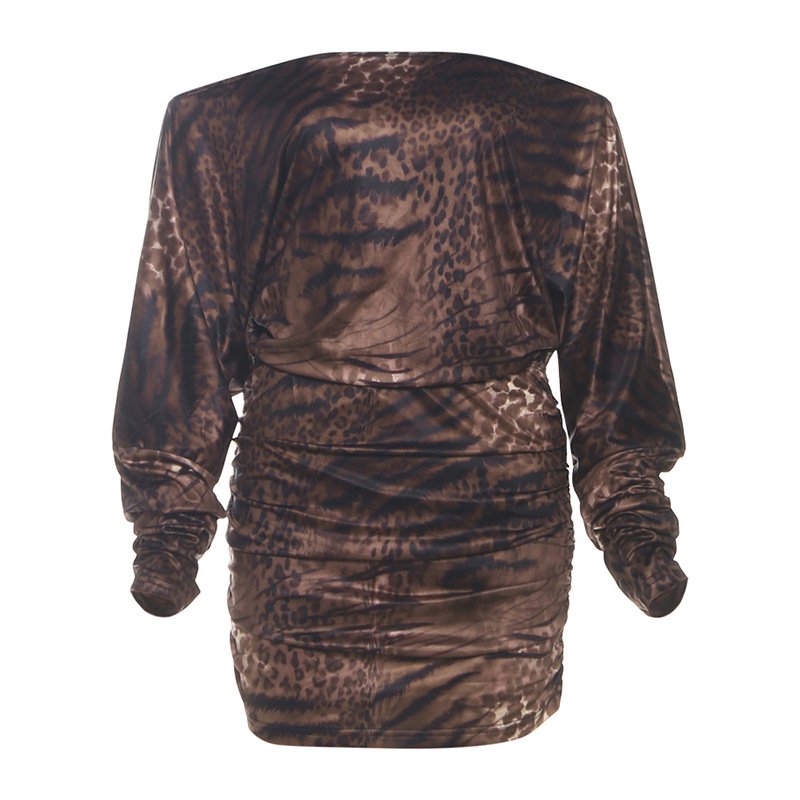 New Autumn Womens Leopard-Print Off-the-Shoulder Long-Sleeve Bodycon Dress - Image 6