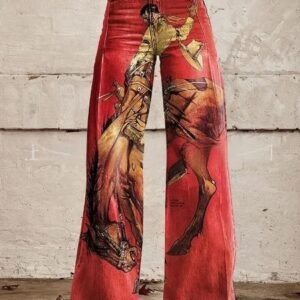 3D-printed Retro Sunflower Guitar Art-style Womens Wide-leg Flared Denim Jeans