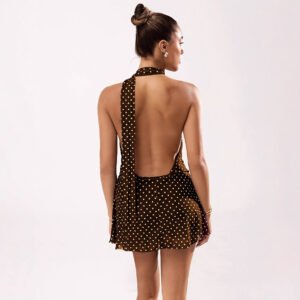 Womens Sexy Polka-Dot Printed Halterneck Mini Dress