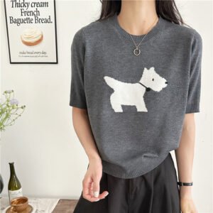 Puppy Jacquard Design Gray Loose Base Knitting Short Sleeve