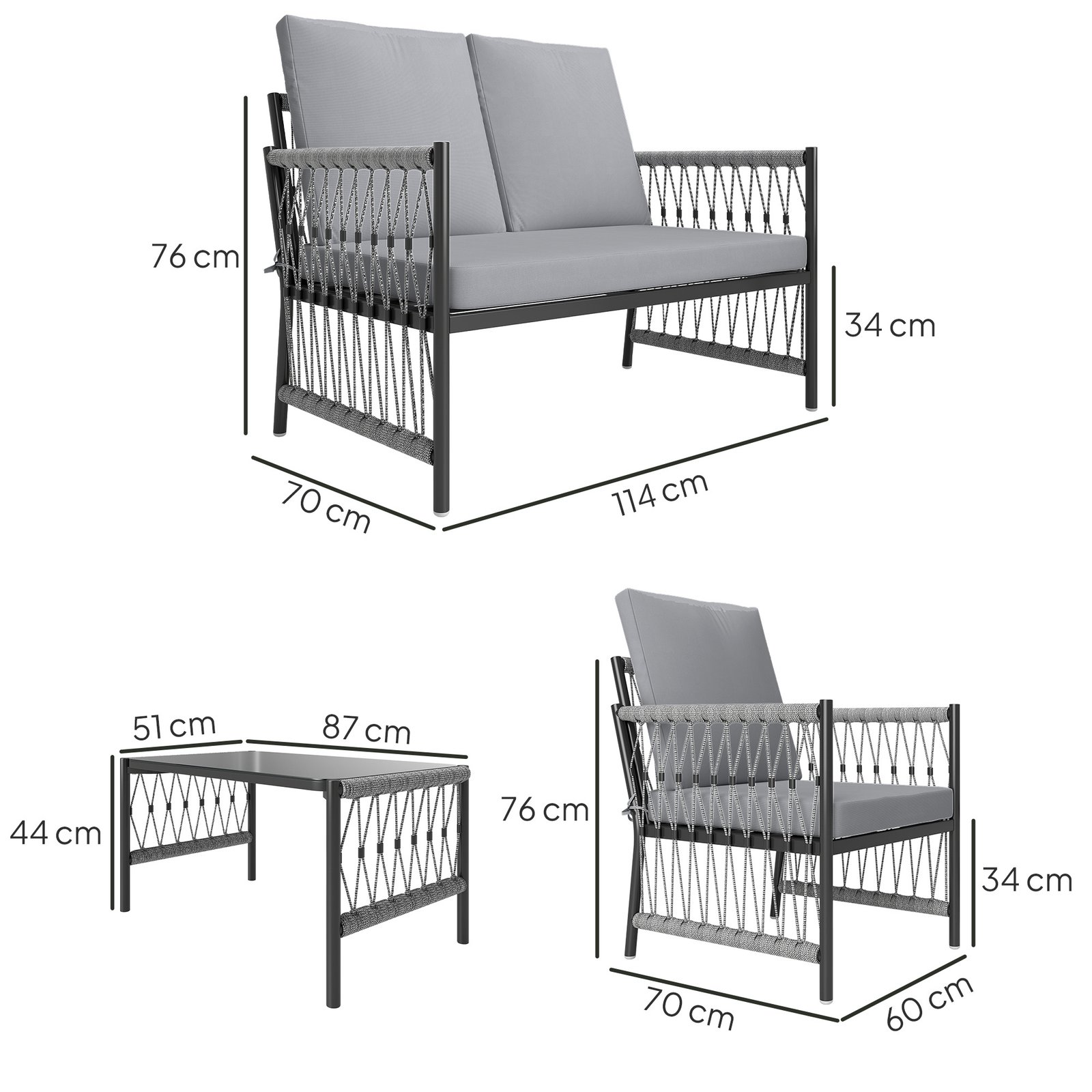 4 Piece Rattan Garden Furniture Set, 4 Seater Wicker Patio Conversation Set With 2 Armchairs, Loveseat, Glass Top Coffee Table And Cushions For Outdoor, Balcony, Grey - Image 3