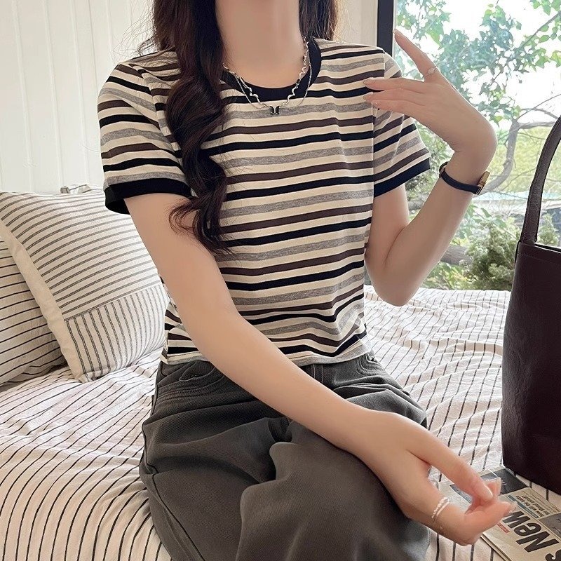 Women's Green Striped Regular-fit Slim Short-sleeve T-shirt - Image 5