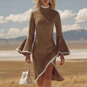 AutumnWinter Chic Casual Retro White Bell-Sleeve Midi Dress