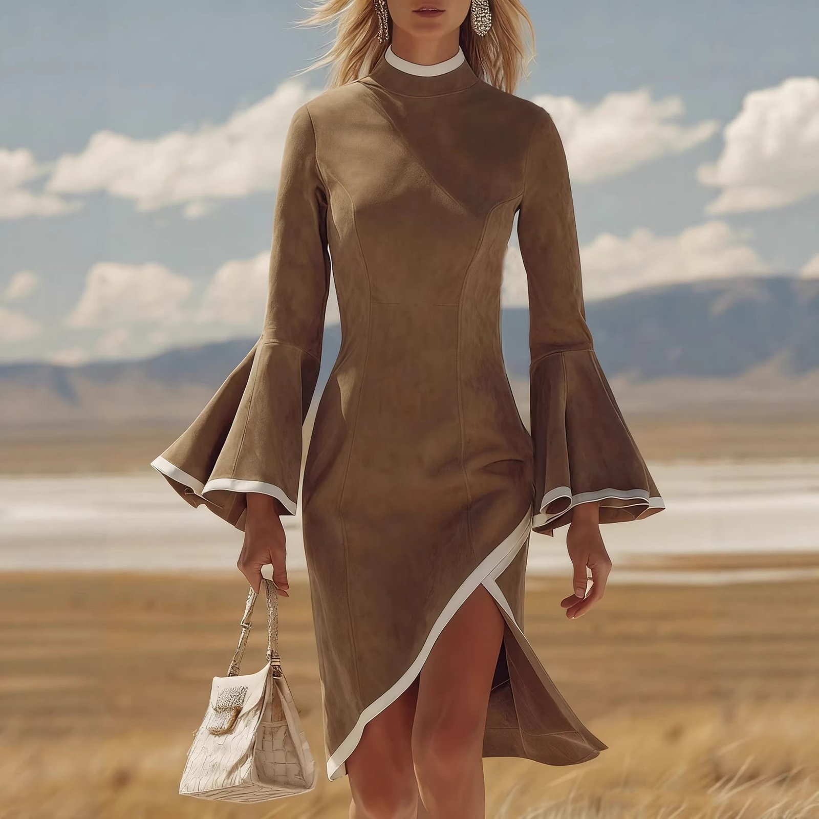 AutumnWinter Chic Casual Retro White Bell-Sleeve Midi Dress - Image 6