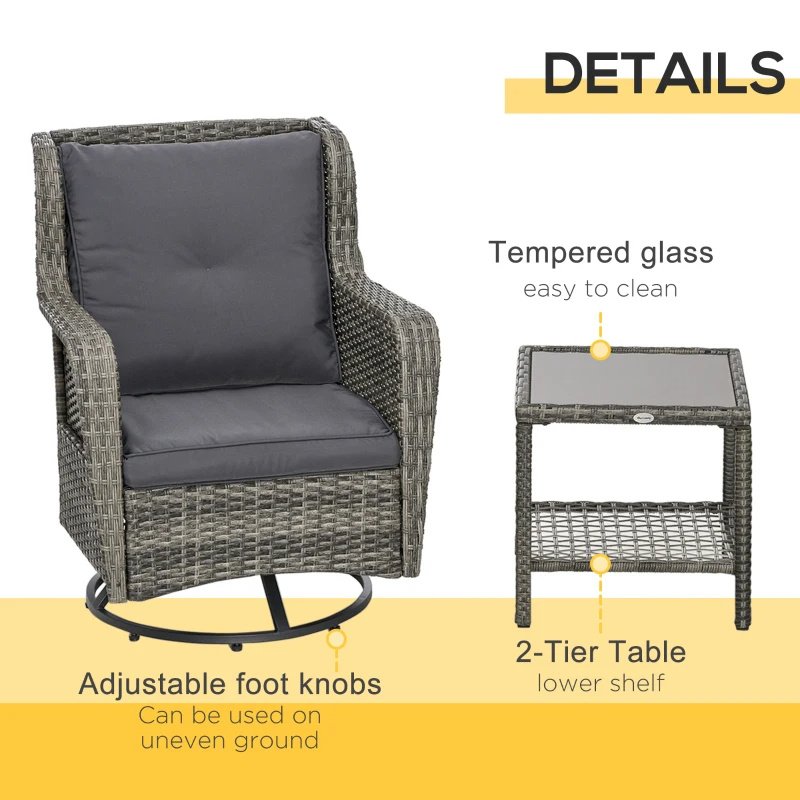 Patio Bistro Set, Porch Furniture With 360 Rotation & Rocking Function,, Gray - Image 3