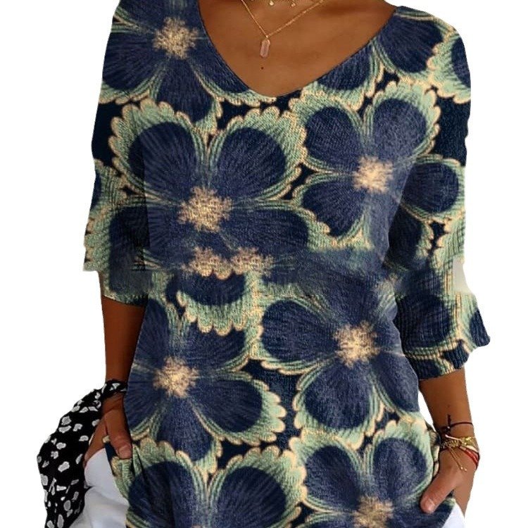 Floral 3d Printed Women's V-neck T-shirt Printed Round Neck Short Sleeve - Image 5