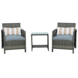3 Pieces Rattan Bistro Set, Wicker Garden Furniture Set, Glass Top 2-tier Coffee Table And Chairs Set With Pillows And Washable Cushions For Outdoor, Patio, Balcony, Grey