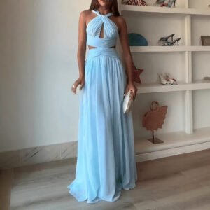 Womens Fashion Lace-up Sleeveless Maxi Halter Dress