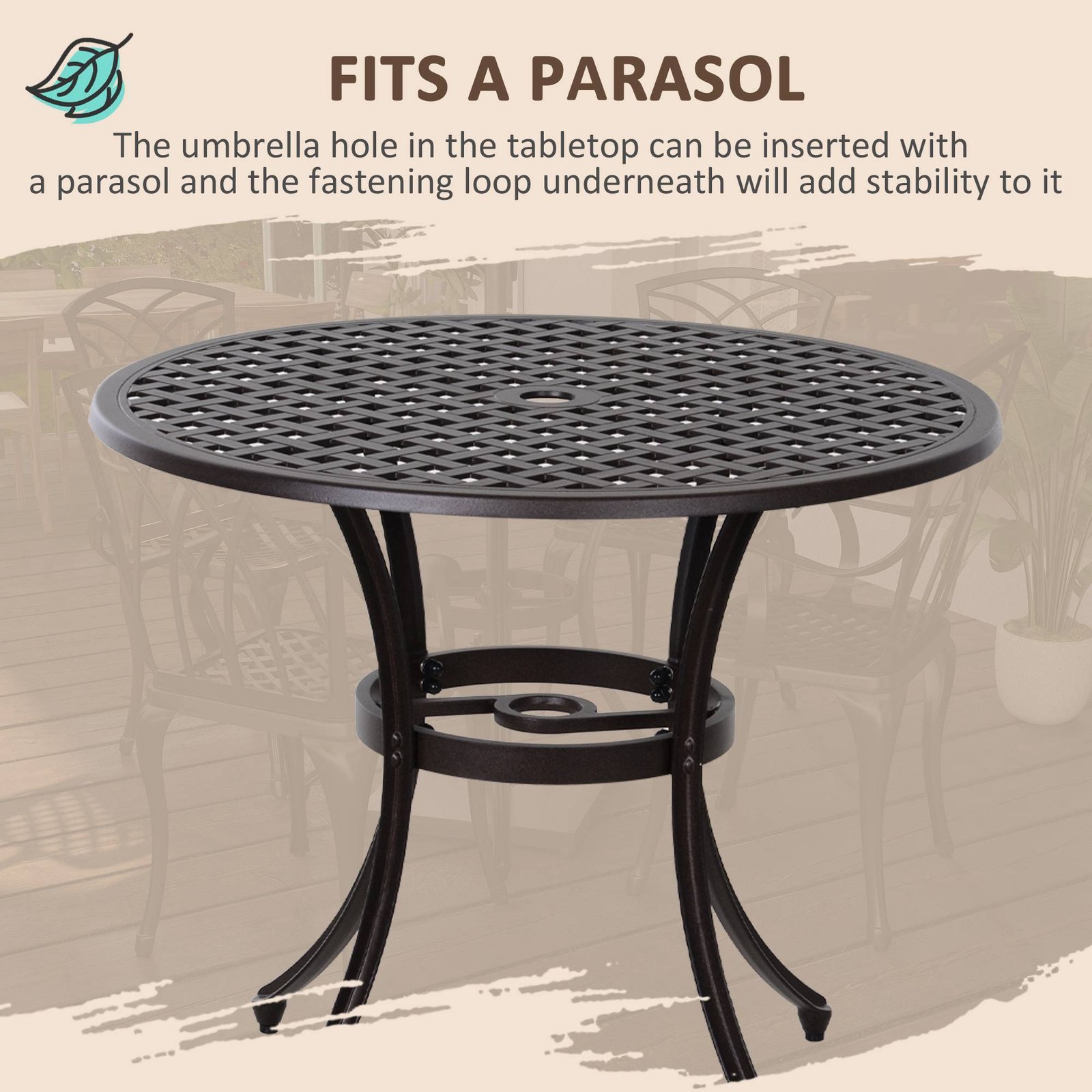 5 Pieces Garden Dining Set For 4, Cast Aluminium Outdoor Dining Set With 4 Armchairs And Round Dining Table With Parasol Hole, Garden Furniture Set, Brown - Image 5