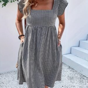 Square-neck Yarn-dyed Plaid Long-sleeve Loose-fitting Dress With Zippered Pockets