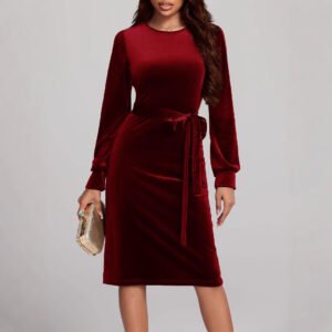 Women's Solid-Color Long-Sleeve Fitted Waist Velvet Dress