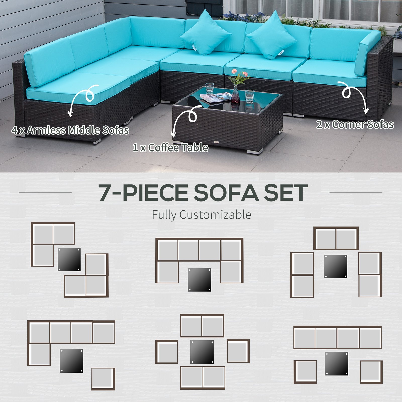 7-Piece Patio Furniture Set, Outdoor Wicker Conversation Set, All Weather PE Rattan Sectional Sofa Set with Cushions and Tempered Glass Top Coffee Table, Pillows, Turquoise - Image 6