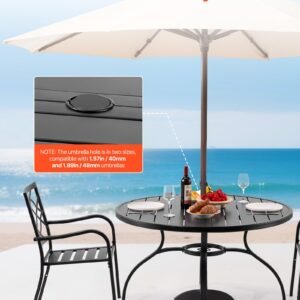 Outdoor Patio Dining Table, 47 Inch Round Metal Steel Slat Backyard Bistro Tables, With 1.5 In Umbrella Hole, Outside All-Weather Large Furniture For Lawn Garden Porch, Black