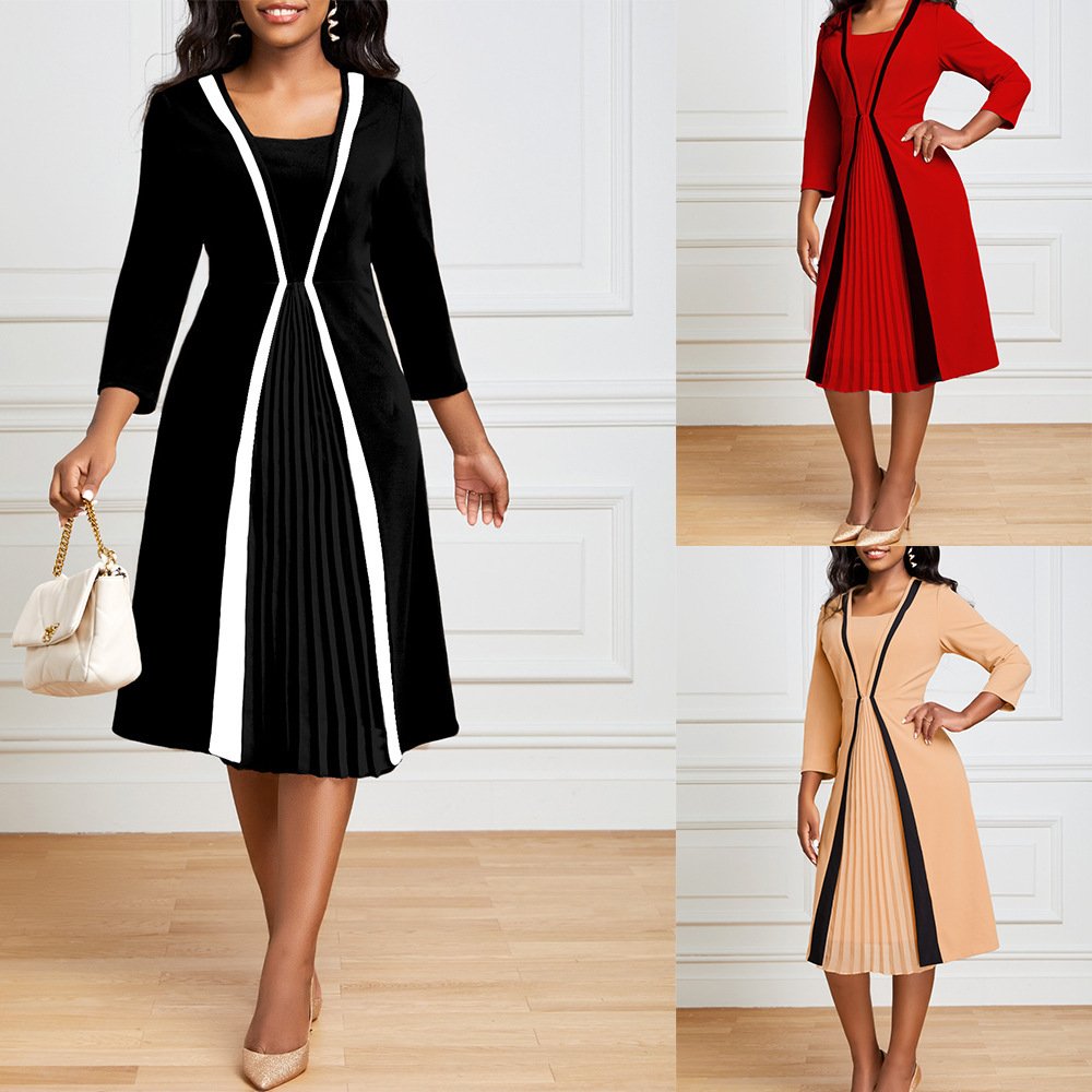 Elegant Faux Two-piece Pleated Dress With Three-quarter Sleeves For Women