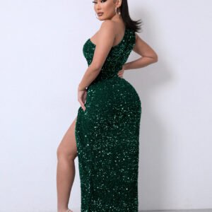 Foreign Trade Sleeveless One Shoulder Slash Neck Sequins Gorgeous Slit Women's Dress