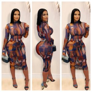 Fashionable And Elegant Printed Mesh Ruched Dress