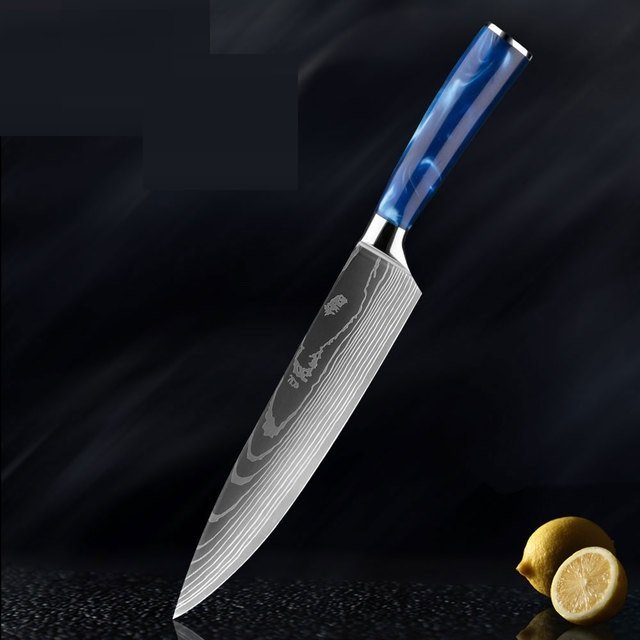 Damascus Pattern Blue Resin Handle Kitchen Knife Set - Image 2
