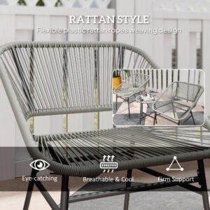 3 Pieces Rattan Bistro Set, Wicker Small Garden Table And Chairs Set With Cushions And Glass Top Coffee Table, Bistro Garden Furniture Set For Outdoor, Patio, Balcony, Light Grey