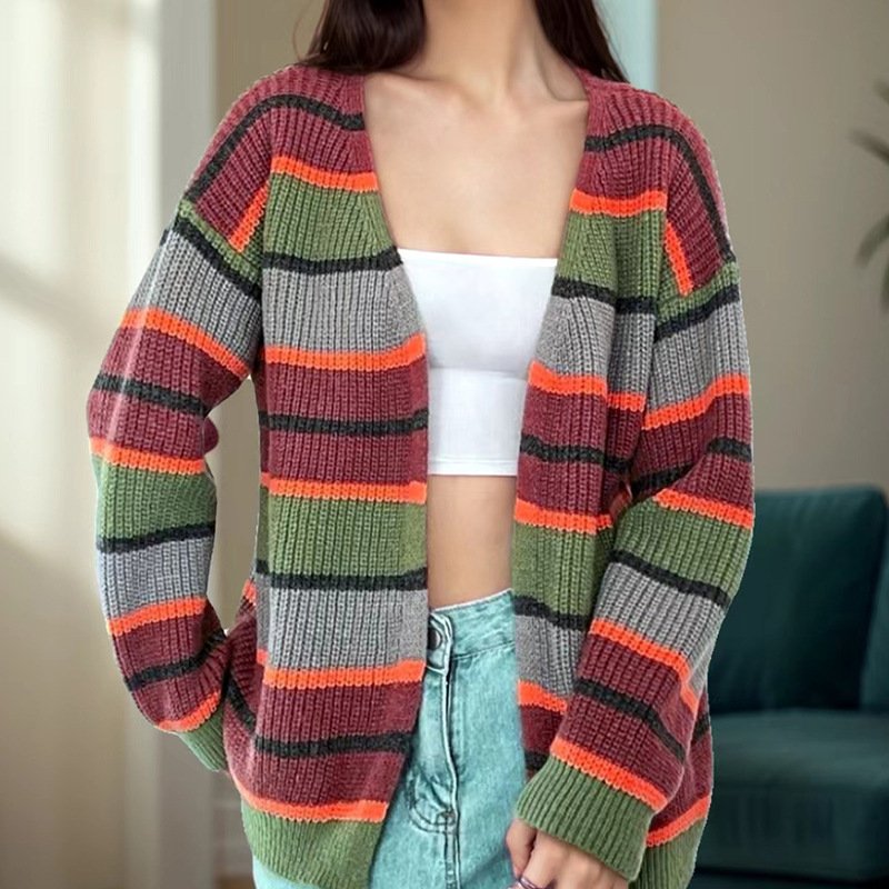 Fashion Women's Wear Striped Casual Cardigan Sweater - Image 3