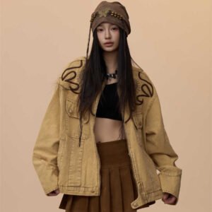 Vintage Embroidery Washed Heavy Weight Denim Coat Jacket