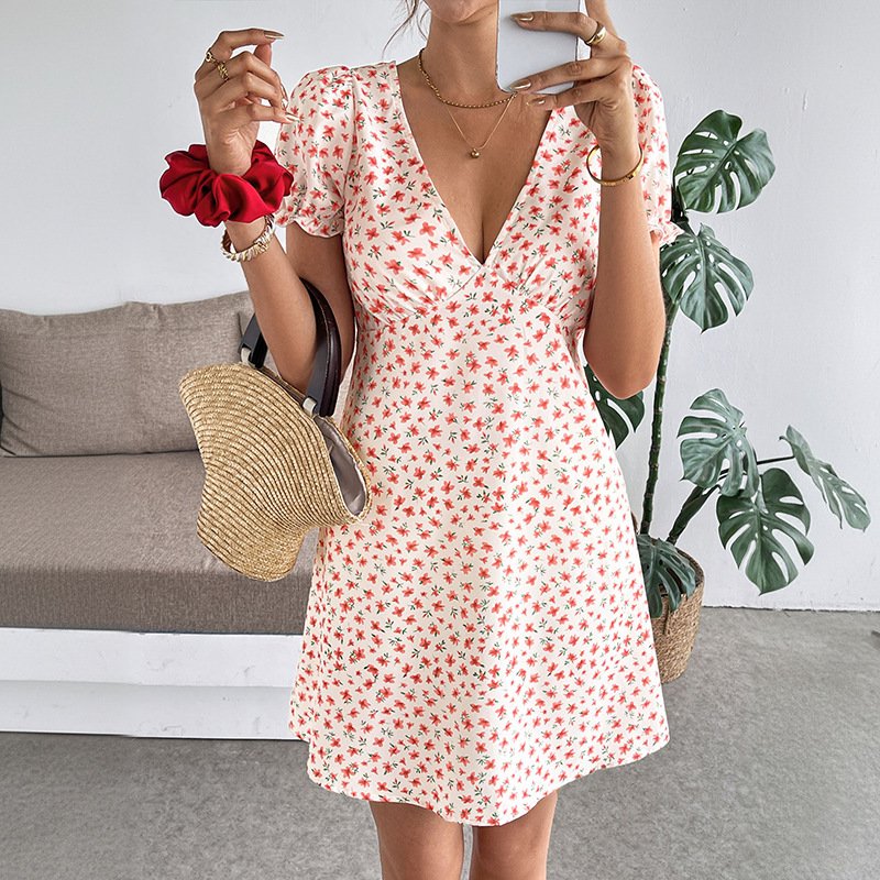 Sweet Womens Vacation Bubble Sleeve V-Neck Dress - Image 2