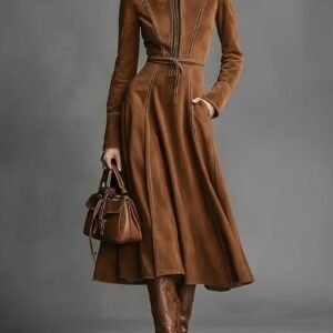 Elegant Retro Suede Zip Waist Tie Long Dress A-line Skirt