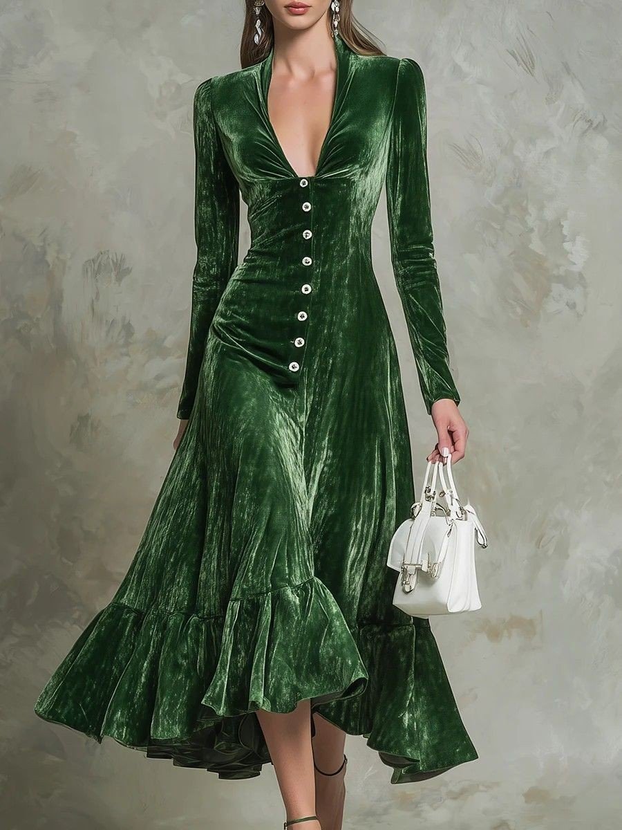 Solid-color Buttoned Lapel Long-sleeve Waist-cinching Dress - Image 2