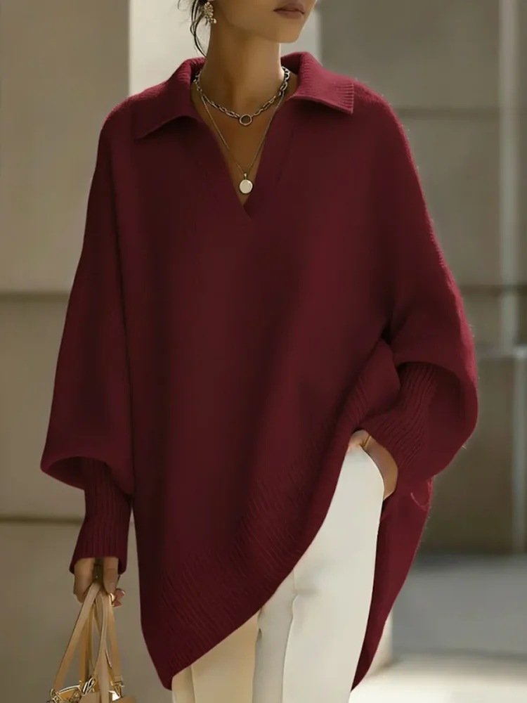 Lapel-collar Loose-fit Solid-color Sweater With Lantern Sleeves - Image 10