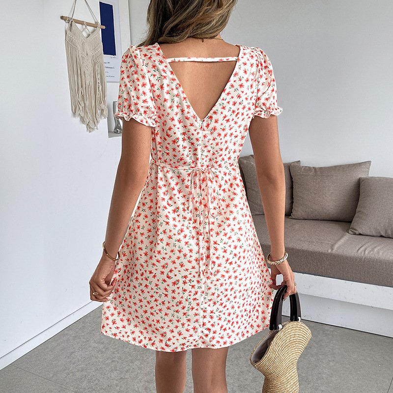 Sweet Womens Vacation Bubble Sleeve V-Neck Dress - Image 4