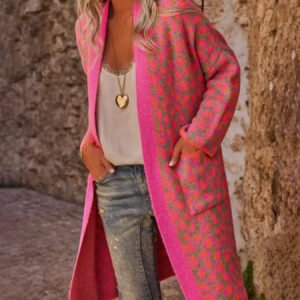 Contrast Color Leopard Print Long Knitwear Fashion Retro Pocket Sweater Women's Coat