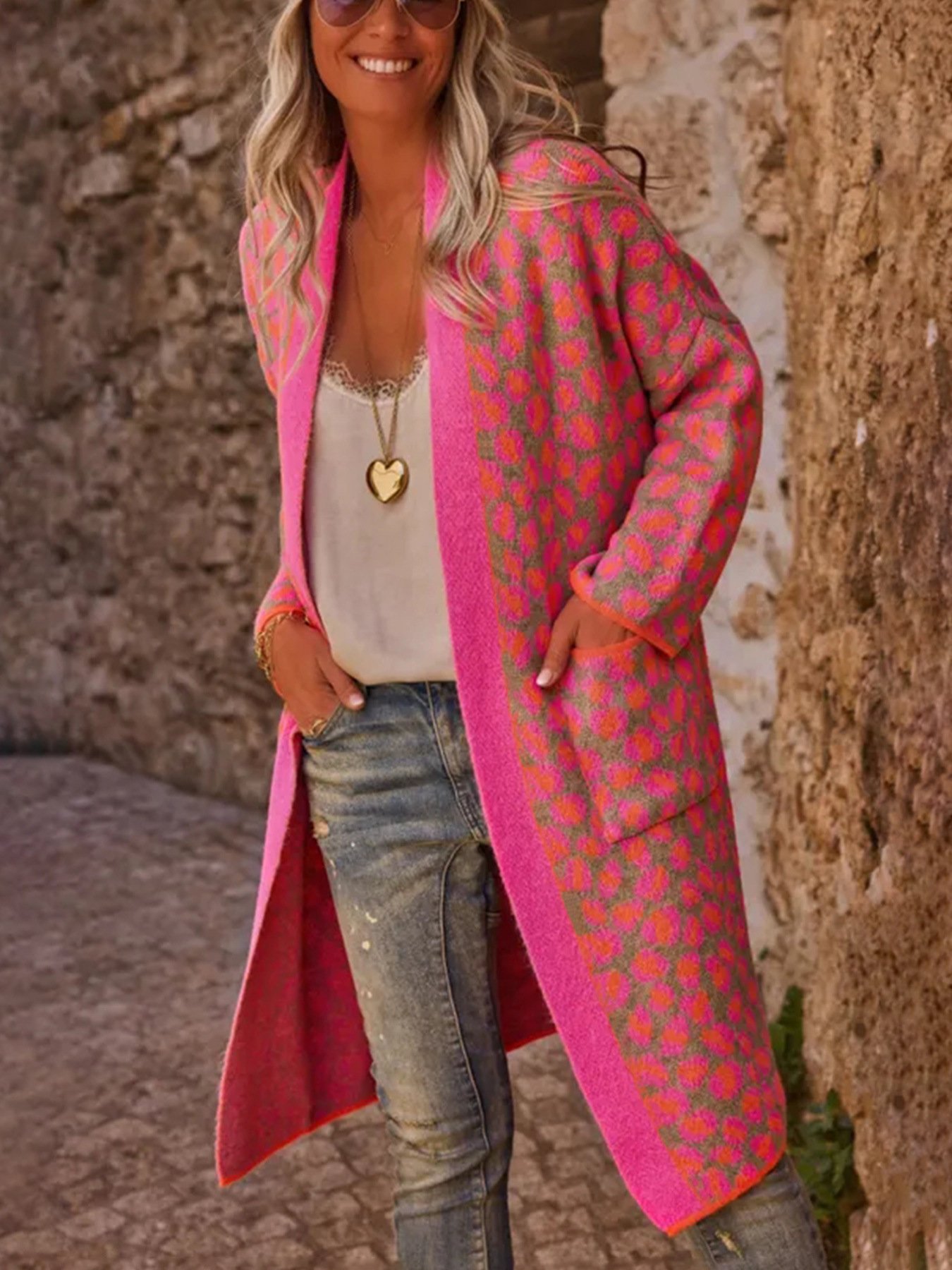 Contrast Color Leopard Print Long Knitwear Fashion Retro Pocket Sweater Women's Coat - Image 6